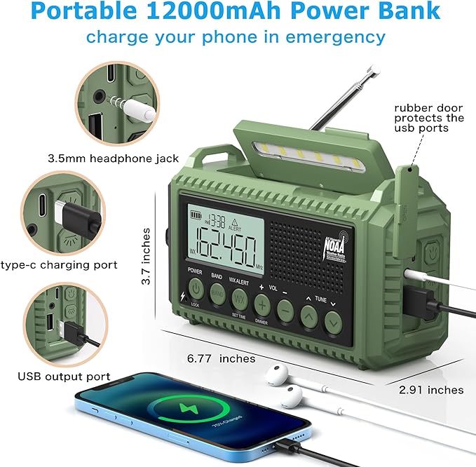 Eoxsmile NOAA Weather Radio 12000mAh - Emergency Radio Hand Crank Solar Battery Operated Portable AM/FM Shortwave Radio with USB-C Charger, Flashlight, SOS Alert for Home Outdoor Hurricane Survival