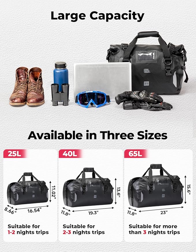 KEMIMOTO Waterproof Motorcycle Dry Bag – Duffle Tail Bag Soft Luggage, 25L/40L/65L Large Capacity with 4 Quick-Release Straps, Dustproof for Touring, Adventure, Motorcycling & Camping Black