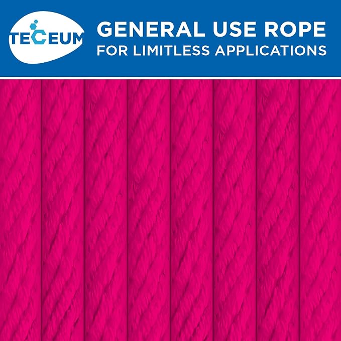 TECEUM Cotton Rope 3/16” (5 mm) – 50 FT – Strong All-Purpose Braided Rope – Natural Cotton – for Crafting, Сamping, Clothes Line, DIY, Indoor & Outdoor Use – Bright Pink