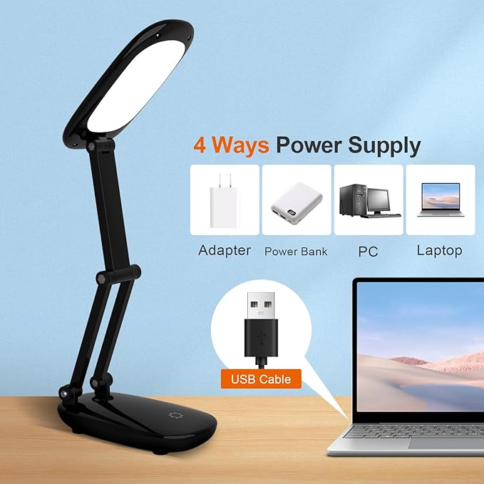 Akejrym LED Desk Lamp for Office Home & Battery Operated Lamp Rechargeable Lamp Foldable & Portable Light, [2-Fold Bracket] 3 Brightness Dimmable Small Desk Lamp Wireless Reading Lamp (Black)