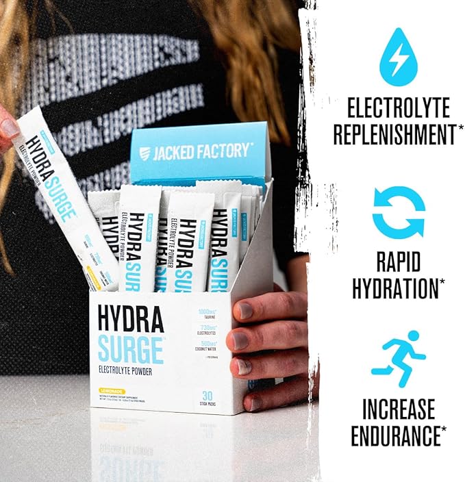 Jacked Factory Hydrasurge Electrolytes Powder Packets - Sugar Free & Naturally Sweetened Hydration Packets - Keto & Vegan Friendly, Easily Dissolves - 30 Stick Packs, Lemonade
