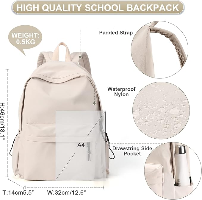 Beige School Backpack for Girls Water Resistant High School Book Bag Simple Backpack for Teens Boys Girls, Lightweight Middle School Back Pack Daypack