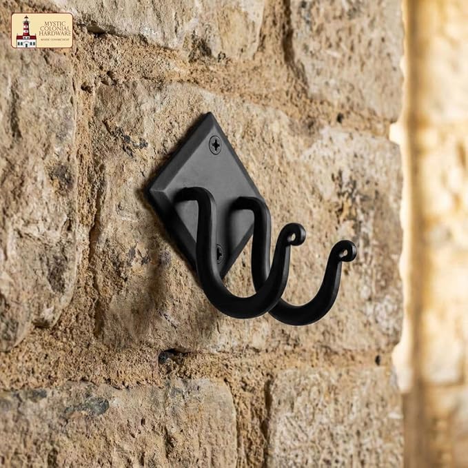 Mystic Colonial Rustic Hand Forged Iron Wall Hook with Two Hangers: Ideal for Victorian, Colonial, Retro, Steampunk, Gothic, and Baroque Settings 8.8 cm Black Pack of 1