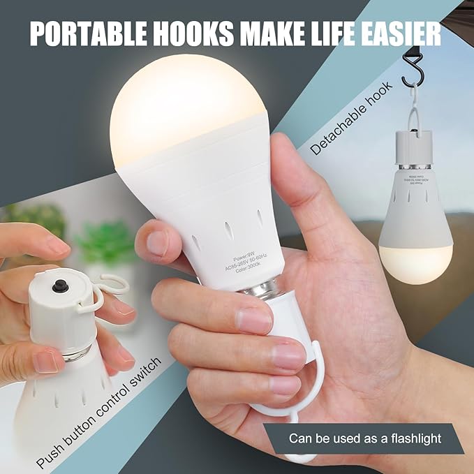 6Pack Rechargeable Emergency Light Bulb, A19 9W Warm White 3000K Self-Charging LED Light Bulb,1200mAh Battery Backup Light Bulbs for Daily,Home Emergency,Outdoor Portable Use