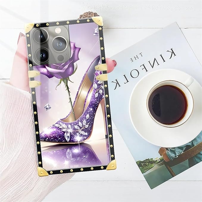 Compatible with iPhone 13 Pro Case, High Heeled Purple Diamond Rose Luxury Golden Decoration for Girl Women Soft TPU Shockproof Protective Hard PC Back for iPhone 13 Pro