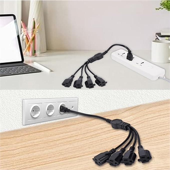 3 Prong 1 to 4 Outlet Power Cord Splitter Cord,Indoor Outdoor Cable Strip Outlet Saver,Power Extension Cable,SJT 16AWG,ETL Approved for Computer, LED Stage Light(20 Inch, Black)
