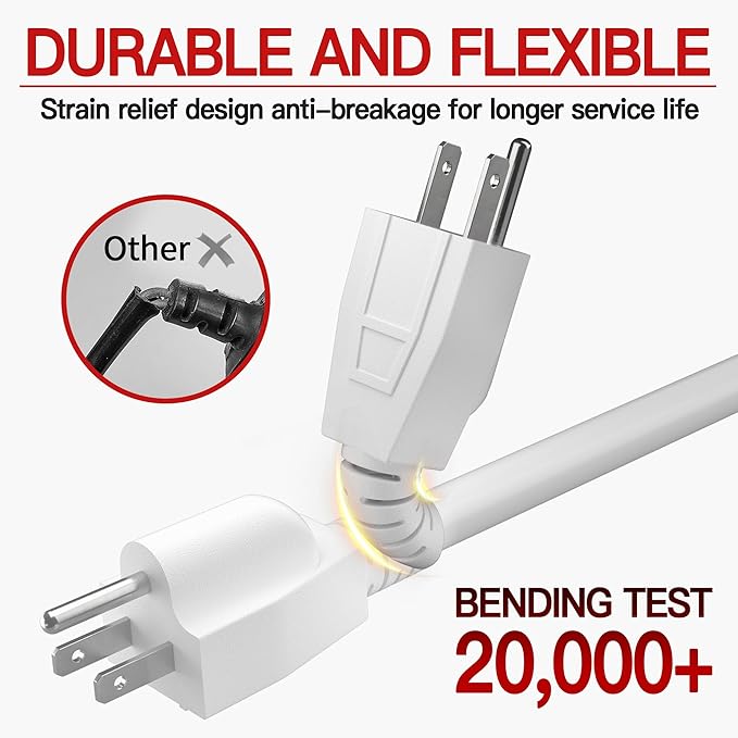 16/3 Short Extension Cord 20 FT 2 Pack, White Extension Cord Flexible & Durable, Indoor 3 Prong Power Cable, Suitable for Home and Office, 13 Amp 1625 Watt 125VAC 16AWG, ETL Listed
