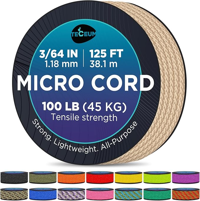 TECEUM Micro Paracord – 1.18 mm X 125 ft – Micro Utility Cord – Thin Braided Paracord Rope – Best for Crafting, DIY Projects, Fishing, Camping – Wind Chime Replacement – Survival Strong String