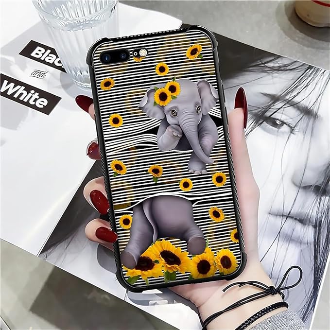 Case for iPhone 7 Plus/8 Plus, Cute Little Elephant Sunflower White Line Art Pattern, Soft Silicone Hard Acrylic for Shock Protection