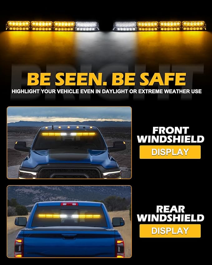 HLauto 604N Emergency Dash Strobe Lights: 2x16.8 inch Amber Security Light w/Take Down, 48 LED Safety Flashing Warning Hazard Interior Windshield Visor Light Bar for Trucks Vehicles