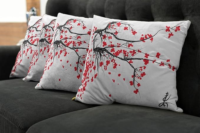 Ambesonne Nature Throw Pillow Cushion Case Pack of 4, Sakura Blossom Japanese Cherry Tree Garden Summertime Vintage Cultural Print, Modern Accent Double-Sided Digital Printing, 20", Grey Vermilion