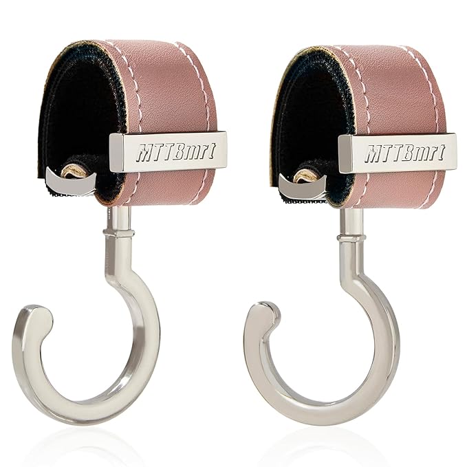 2 Pack Stroller Hooks,Strong Synthetic Leather Hook-and-Loop Fastener&High-Quality Metal Hooks,Universal Bag Clip|360° Rotation, 66lb Capacity,Non-Slip-Fits Wheelchair(Pink-Silver)