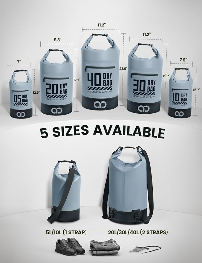 Lamicall Dry Bag Waterproof Backpack - [Durable & Floating] 5L/10L/20L/30L/40L Large Water Proof Bag with Waterproof Phone Case for Kayaking, River Rafting, Lake, Float Trip, Tubing Essentials