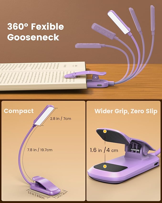 Glocusent 13 LEDs Book Lights for Reading at Night, 120 Hrs Runtime Rechargeable Reading Light, Eye Caring 3 Colors & 5 Stepless Dimming Brightness 3–60LM, Flexible Clip on Light for Book Lovers Kids