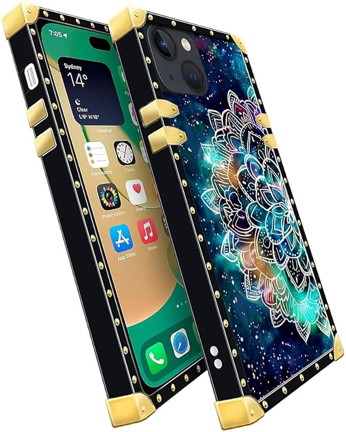 Compatible with iPhone 14 Case, Starry Sky Colourful Mandala Luxury Golden Decoration for Girl Women Soft TPU Shockproof Protective Hard PC Back for iPhone 14