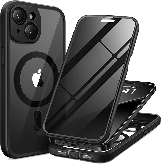 TIESZEN for iPhone 15 Case, Compatible with MagSafe, Built-in Privacy Screen Protector and Camera Protection, Anti Spy Full Body Dustproof Shockproof Hard Phone Case 6.1", Black
