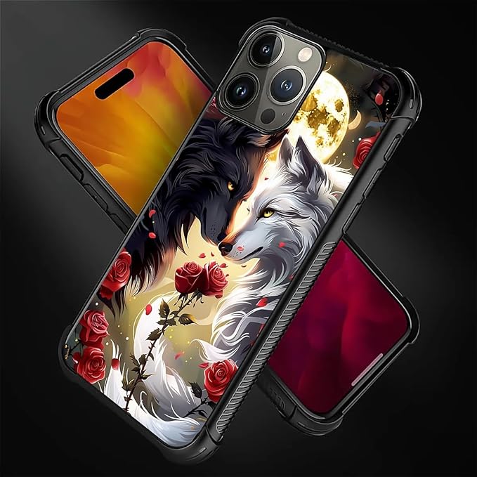 for iPhone 16 Pro Case, Black White Wolf Moon Flower Rose Pattern Graphic Design Girl Boy Soft Silicone Hard Acrylic Shock Protection for iPhone 16 Pro