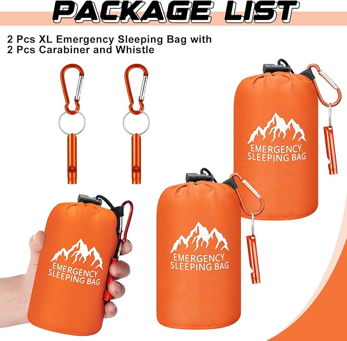 Oudain 2 Pcs XL Emergency Sleeping Bag 94.5" x 49.2" Waterproof Survival Sleeping Bag with Whistle Carabiner Portable Thermal Bivy Sack Emergency Blankets for Camping Hiking Outdoor