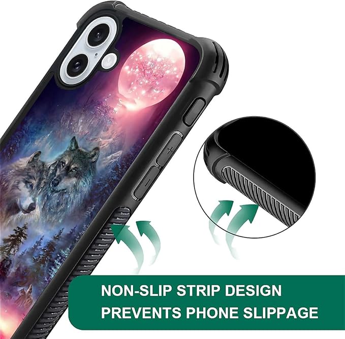for iPhone 16 Case, Star Two Wolfs Howling Pattern Graphic Design Girl Boy Soft Silicone Hard Acrylic Shock Protection for iPhone 16