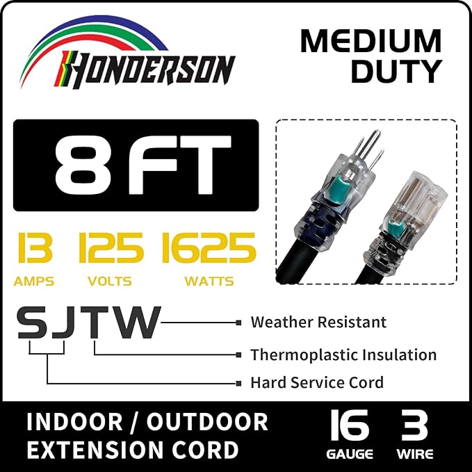 Indoor Outdoor Extension Cord Weatherproof with Lighted End, UL Certified, 16 Gauge 8FT Black 3 Prong Heavy Duty, 16/3 SJTW 13A Power Cord for Outdoor Lights, Lawn