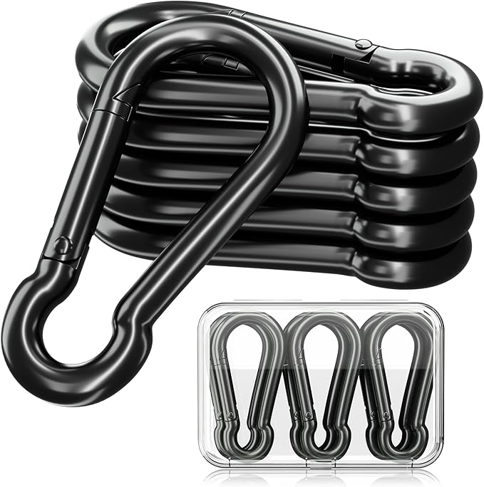 sprookber Carabiner Clips Spring Snap Hook, Iron Heavy Duty Caribeaners for Key, Keychain Hooks for Hammocks, Backpacks, Outdoor Gear, Set of 6 (Black)