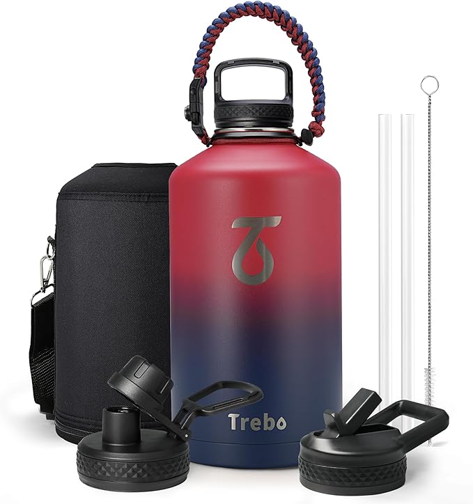 Trebo 1 Gallon Water Bottle Insulated with Paracord Handle and Straw,128oz Vacuum Triple Wall Stainless Steel Large Jug,Keep Ice Cold 48hrs, Leakproof Sports Gym Flask for Men Women, Ruby Red