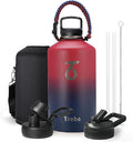 Trebo 1 Gallon Water Bottle Insulated with Paracord Handle and Straw,128oz Vacuum Triple Wall Stainless Steel Large Jug,Keep Ice Cold 48hrs, Leakproof Sports Gym Flask for Men Women, Ruby Red