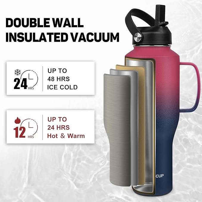 ABOTOCUP Water Bottle 40oz, Insulated Tumblers with Handle & Straw Lid, Insulated Water Bottle Fits in Cup Holder, Double Wall BPA-Free, Stainless Steel Travel Cup Leak-proof to Keep Cold 24H&Hot12H