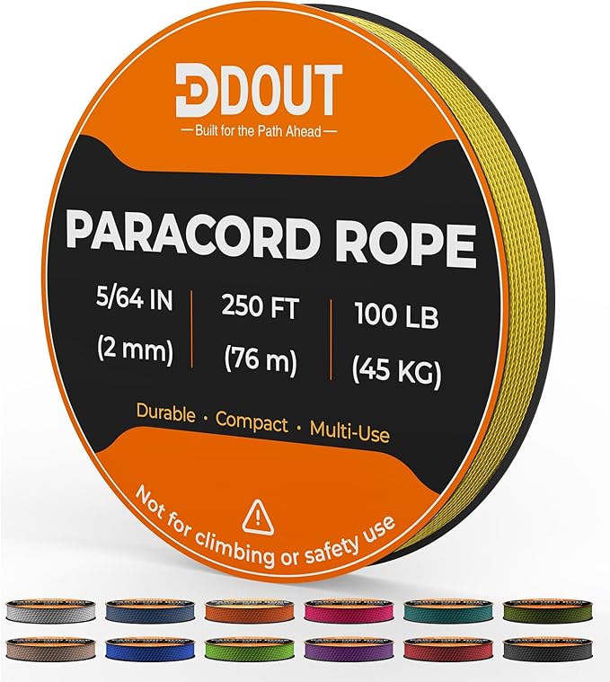 DDOUT 2mm Paracord 100lb, Thin Micro Paracord Rope, Yellow 250FT Nylon Cord for Crafting, DIY Projects, Fishing, Camping & Outdoor