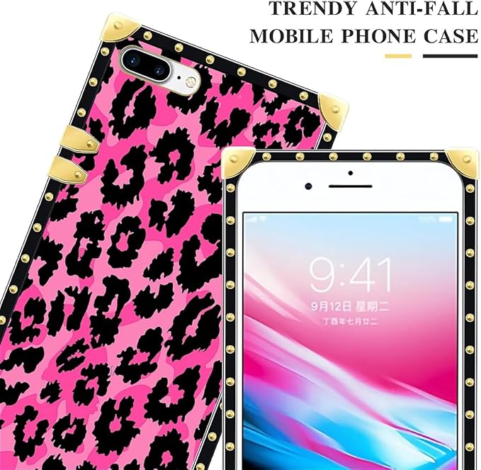 Compatible with iPhone 8 7 SE Case, Pink Black Leopard Luxury Golden Decoration for Girl Women Soft TPU Shockproof Protective Hard PC Back for iPhone 8 7 SE