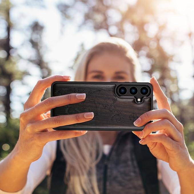 Carveit Wood Case for Galaxy S24 Plus Case [Natural Wood & Black Soft TPU] Shockproof Protective Cover Unique Wooden Design Compatible with S24 Plus (Compass Maps-Blackwood)