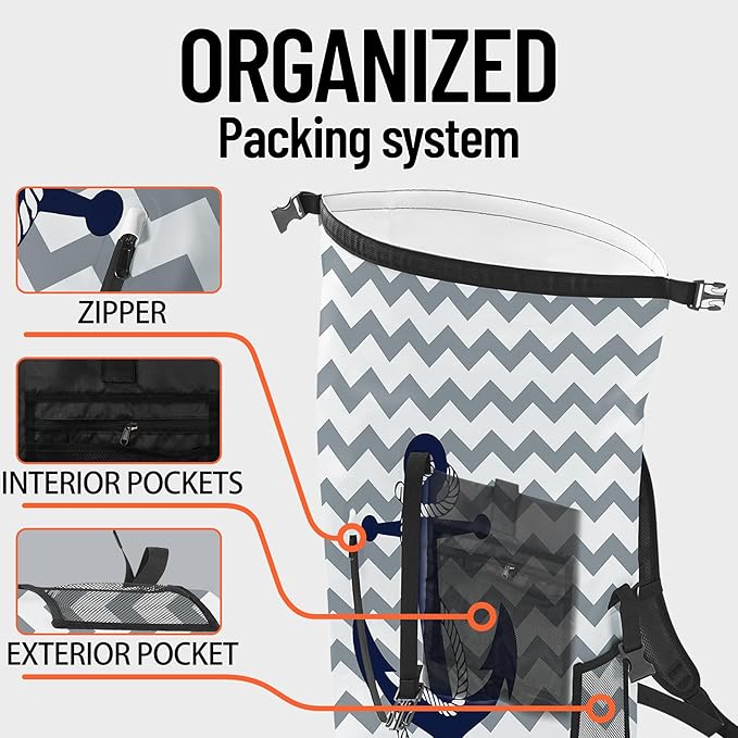 Waterproof Dry Bag Heavy Duty Marine Dry Bags for Kayaking Hiking Anchor Nautical Navy Blue Gray Striped Backpack Roll-Top Closure Bag - Backpack Waterproof Phone Case 35L/55L/85L