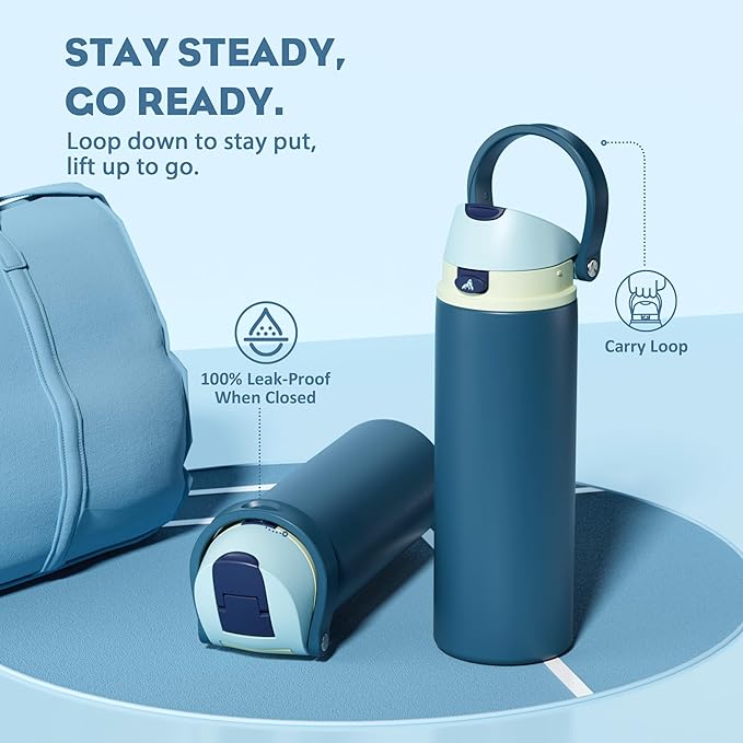 POWCAN 24 oz Insulated Stainless Water Bottle: 2-in-1 Push-Button Spout & Quick-Flip Straw, Leakproof, Cold 24 Hrs, Fits Car Cup Holder, Reusable Metal Bottle for Sports, School Gift (Denim Blue)