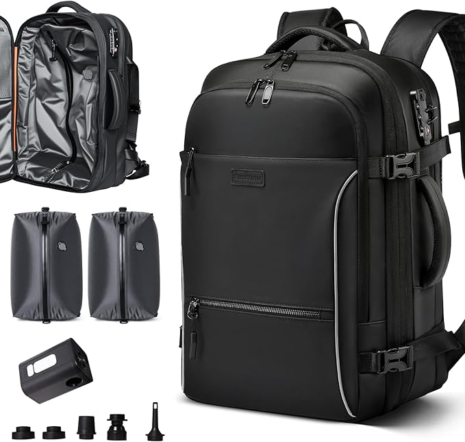 Vacuum Backpack Travel, 70L Expandable Carry On Backpack With Compression System, 2 Detachable TPU Vacuum Bags, TSA Lock, Water-Resistant, Fits 16" Laptop for Business & Travel