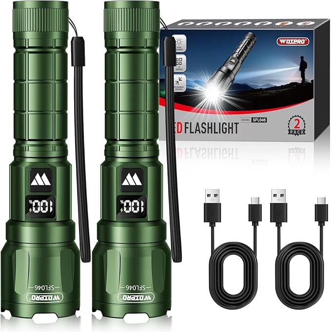 WdtPro LED Rechargeable Flashlight 2 Pack, Super Bright Zoomable 6000 Lumens Tactical Flashlight with LCD Digital Display, 3 Mode Waterproof Flash Light for Camping, Hunting & Home Emergency - Green