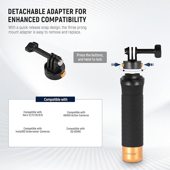 NEEWER Quick Release Floating Hand Grip for Action Camera, Underwater Handle Stick Mount with Detachable Camera Mount Adapter Wrist Strap, Compatible with GoPro13 12 11 10 9, GP23