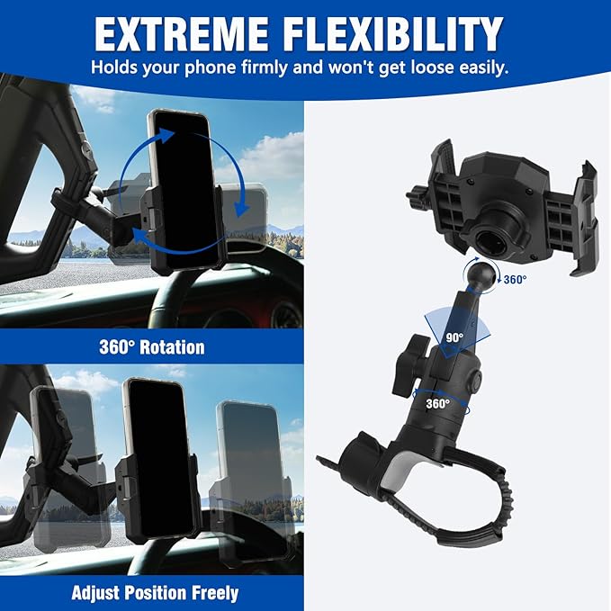 FUNY A Pillar Grab Handle Phone Mount Adjustable Direction Mobile Phone Holder Compatible with Jeep/Bronco/Offorad/Pickup/Truck/Motorcycle/Bicycle/UTV/ATV Fit for Most Mobile Phones