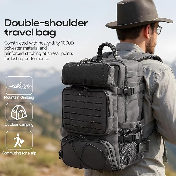 Tactical Military Backpack, Large Capacity Molle System, Multi-Compartment Design with Shoe Storage, Black (grey)