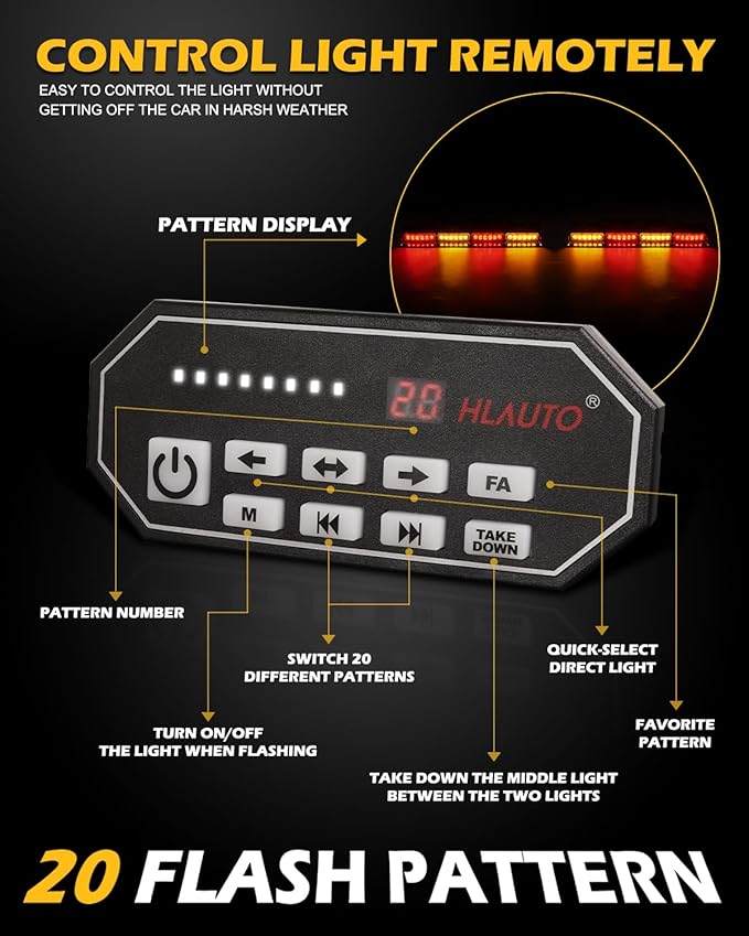 HLauto 604N Emergency Dash Strobe Lights: 2x16.8 inch Amber Red Security Light w/Take Down, 48 LED Safety Flashing Warning Hazard Interior Windshield Light Bar for Trucks Vehicles