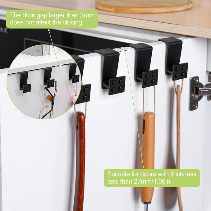 6Pcs Over Cabinet Door Hooks Plastic Over The Door Single Hook Space-Saving Hanger Extender Clips Multi-Purpose Hook for Kitchen Bathroom Bedroom(Black)