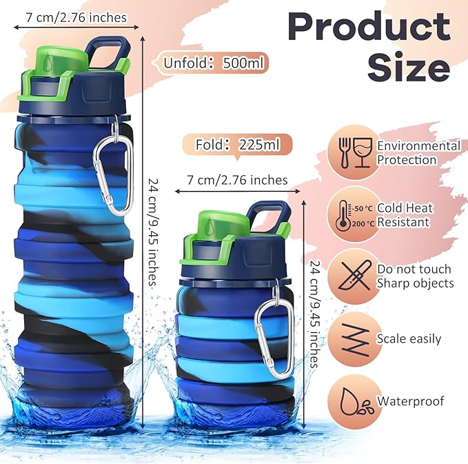 Sunnyray 14 Pack Collapsible Water Bottles Travel 17oz Silicone Portable Foldable Bottles Leak Proof Reusable Sports Cups with Clip for Camping Hiking Cycling Outdoor(Dark Color)