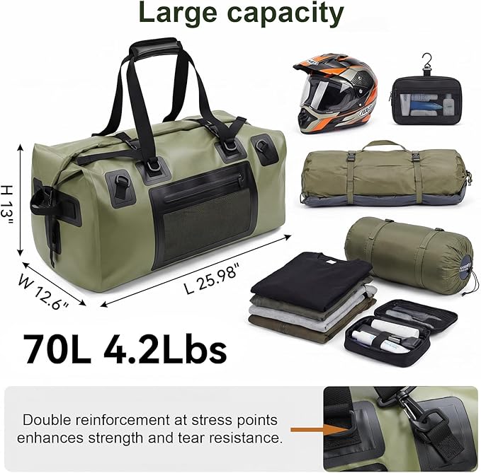 Waterproof Duffel Bag, 70L Large Motorcycle Dry Backpack, Heavy-Duty Roll Top Waterproof Luggage Duffle Bags with Straps & Handles, Waterproof Gear Bag for Kayaking, Rafting, Camping, Motorcycle