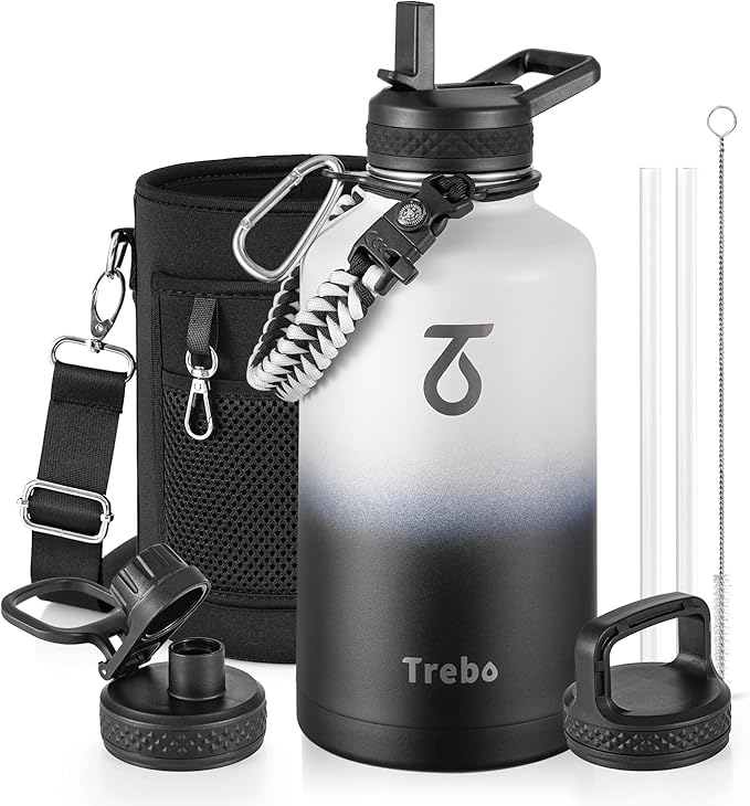 Trebo Water Bottle 64oz with Paracord Handle, Half Gallon Large Vacuum Triple Wall Stainless Steel Insulated Water Jug with Holder Strap Straw Spout Lids, Leakproof Keep Cold & Hot,Black and white