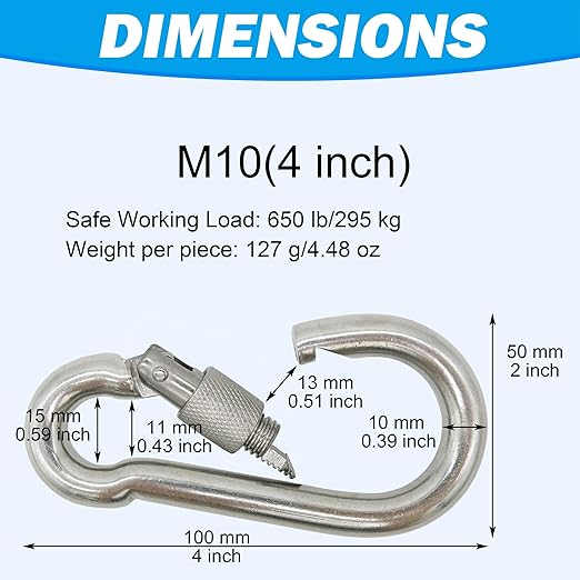304 Stainless Steel Carabiners -4 inch Heavy Duty, Durable & Rust-Free Clips for Gym, Swing, Dog Leashes, Hammocks, Keychains, and More(304,M10 with Screw,Pack of 2)
