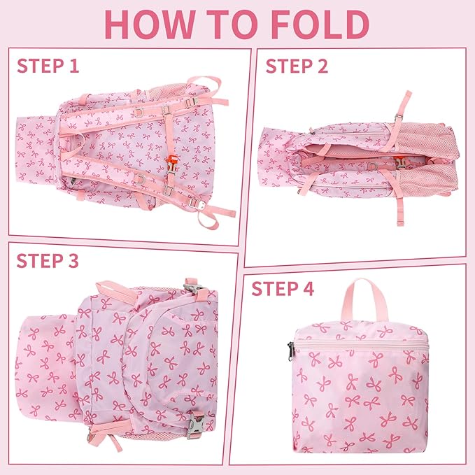 40l Foldable Pink Bow Backpack for Women Pink Waterproof Lightweight Packable Hiking Backpack Coquette Bow Travel Adventure Daypack for Women Gift Camping Travel Business Trip Supply