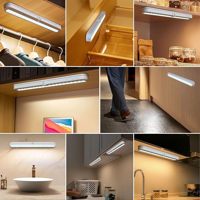 BLS Under Cabinet Lighting, 2200mah Rechargeable Closet Lights Motion Sensored, Battery Powered/DC Cable Plug in LED Light, 14 inch, 6000K Cool White, Dimmable, Under Counter Lights for Kitchen