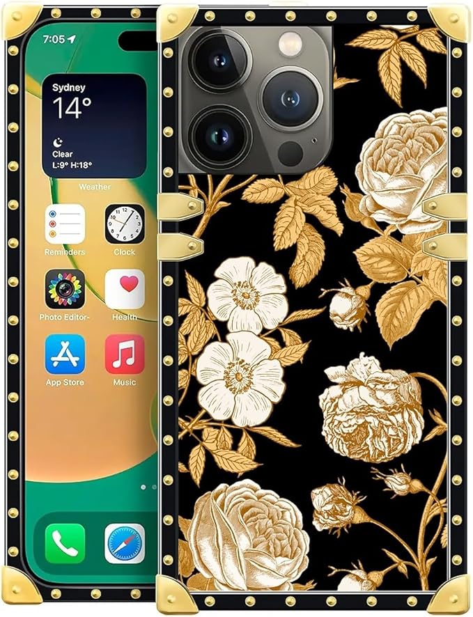 Compatible with iPhone 14 Pro Max Case, Blooming Rose Golden Flower Luxury Golden Decoration for Girl Women Soft TPU Shockproof Protective Hard PC Back for iPhone 14 Pro Max