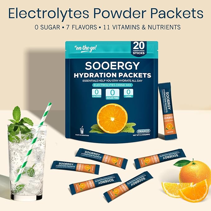 Electrolytes Powder Packets Sugar Free Hydration Packets, Liquid Daily IV Electrolyte Drink Mixex for Rehydration with Electrolytes, Vitamins, 0 Calorie, Orange Flavor, 20 Sticks