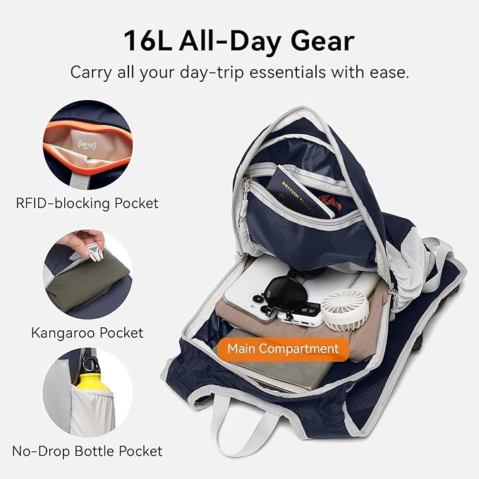 16L Small Hiking Backpack, CROSSGEAR Lightweight Waterproof Foldable Backpack, Travel Camping Outdoor Daypack for Women Men, Navy Blue