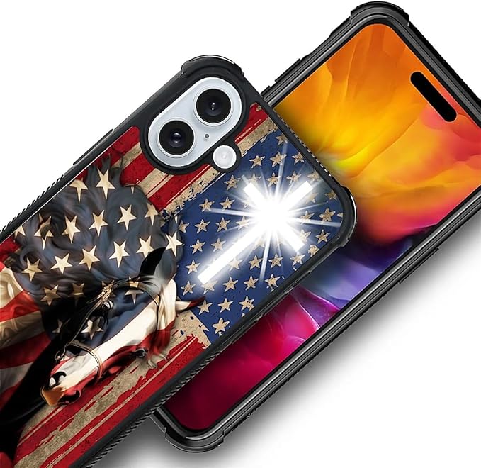 for iPhone 16 Case, Red American Flag Horse Cross Pattern Graphic Design Girl Boy Soft Silicone Hard Acrylic Shock Protection for iPhone 16
